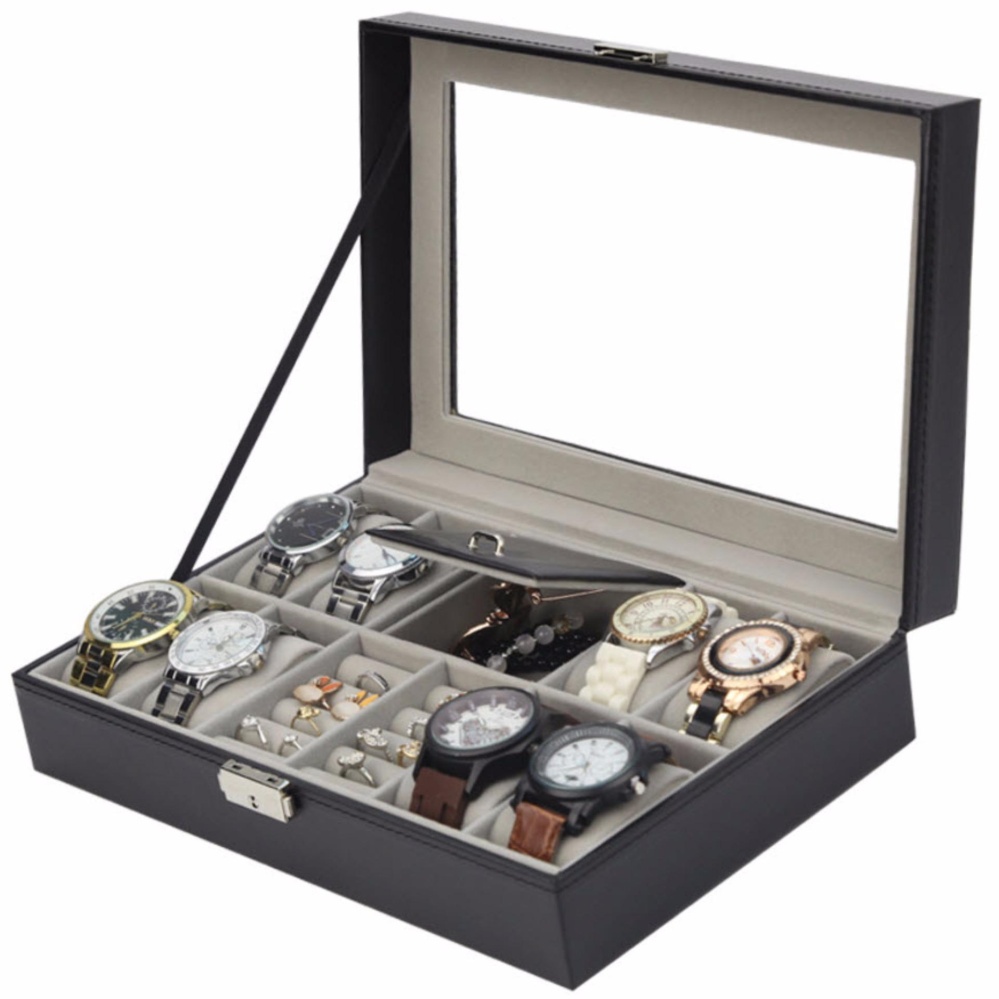 FancyBox ตู้นาฬิกาไม้บุหนัง ฝากระจก สีดำ/ครีม ใส่นาฬิกา 8 เรือน + กล่องใส่เครื่องประดับ ใส่แหวน (Black/Beige)