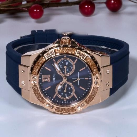 GUESS Multifunction Crystals Rose Gold Blue Rubber Strap W1053L1