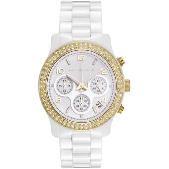 Michael Kors Ladies Chronograph Watch MK5237 with White Ceramic Bracelet Strap Gold Plated Stone Set Bezel and White Dial