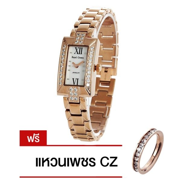 Royal Crown นาฬิกาข้อมือผู้หญิง สายสแตนเลส รุ่น 3591-SSL (Pink/Gold) แถมฟรี แหวนเพชร CZ 1 วง