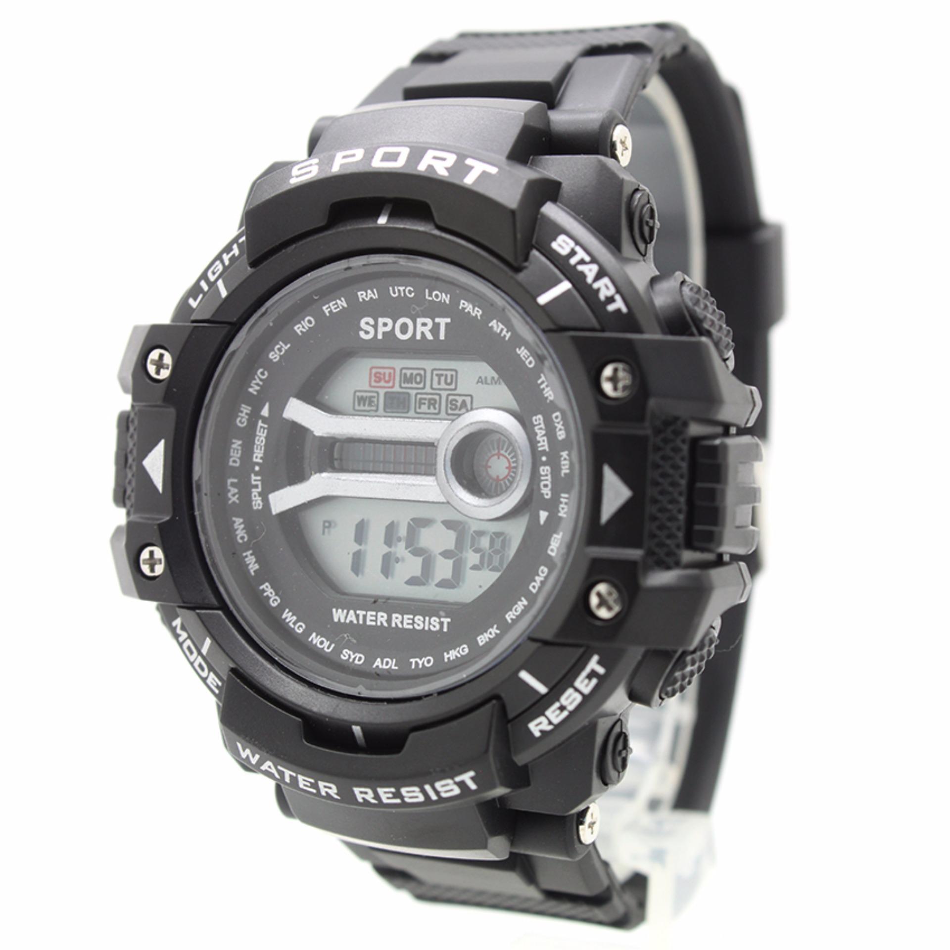 Sport Watch นาฬิกาข้อมือผู้ชาย-ผู้หญิงและเด็ก สายยางดำ-ขอบดำ ระบบ Digital SW-H04(Black)