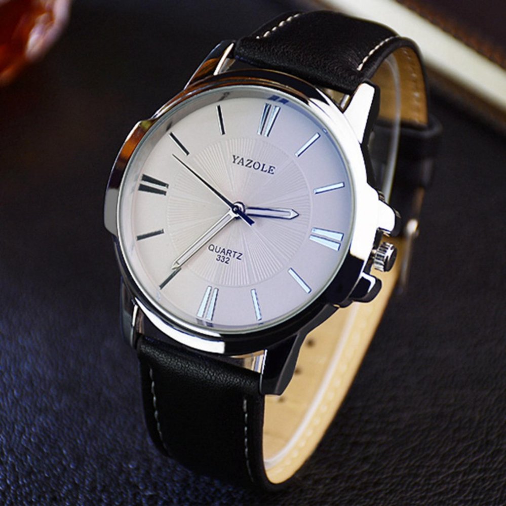 YAZOLE VINTAGE สายหนังสำหรับผู้ชายสแตนเลสแฟชั่นกีฬานาฬิกาข้อมือ QUARTZ YZL332-Black