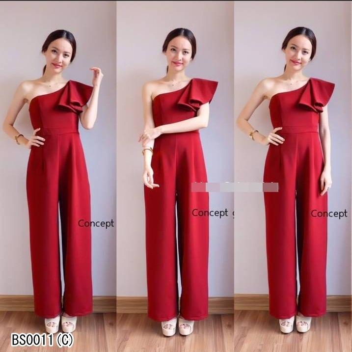 Jumpsuit จั้มสูทขายาว ไหล่เบียงข้าง แต่งระบายจีบ Jumpsuit จั้มสูทขายาว ไหล่เบียงข้าง แต่งระบายจีบ