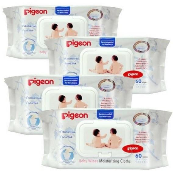 Pigeon Baby Wipes Moisturizing Cloths 60แผ่น/ห่อ (4 ห่อ) ซองสีขาว Pigeon Baby Wipes Moisturizing Cloths 60แผ่น/ห่อ (4 ห่อ) ซองสีขาว