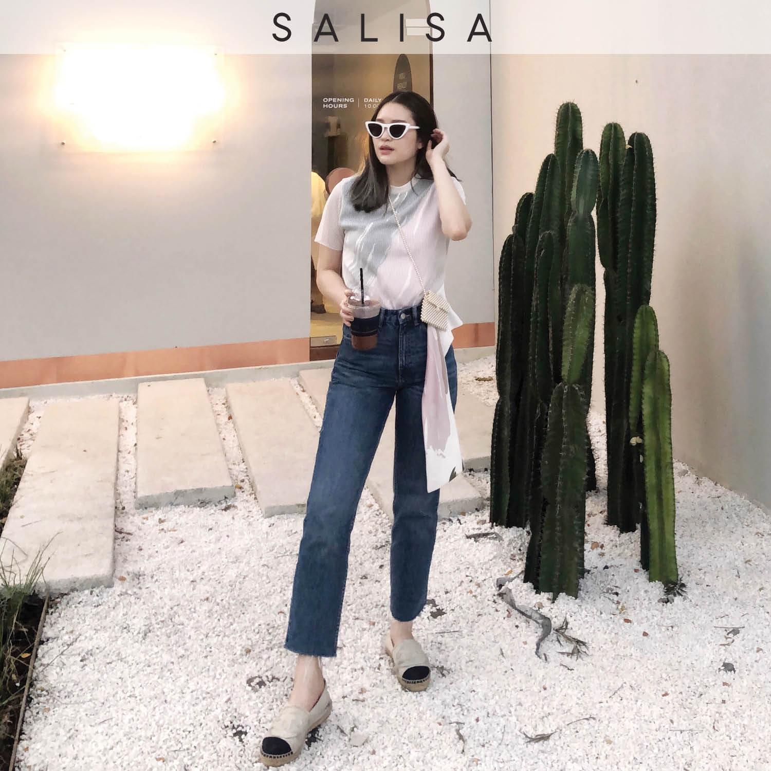 SALISA - KNIT-TOP04 white/print เสื้อคอกลมมีชาย ปริ้น