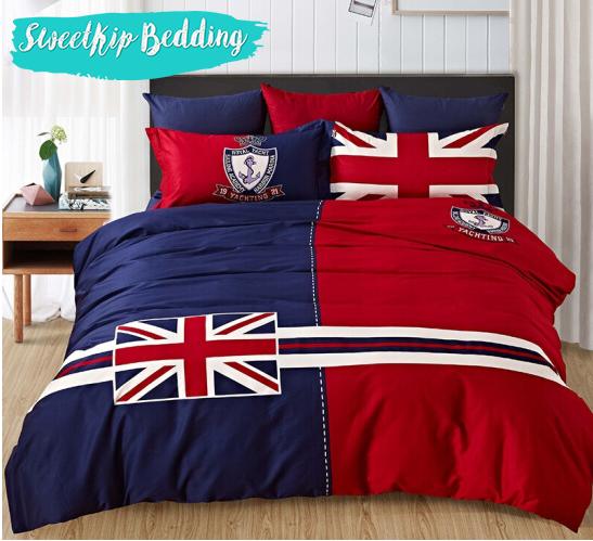 Sweet Kip Bedding ผ้าปูที่นอนขนาด 3.5ฟุต, 5ฟุต, 6ฟุต พร้อมผ้านวมขนาด 180 x 220 เซ็นติเมตร รวม 6 ชิ้น ลายธงชาติอังกฤษสีน้ำเงินแดง(ธงเล็ก)