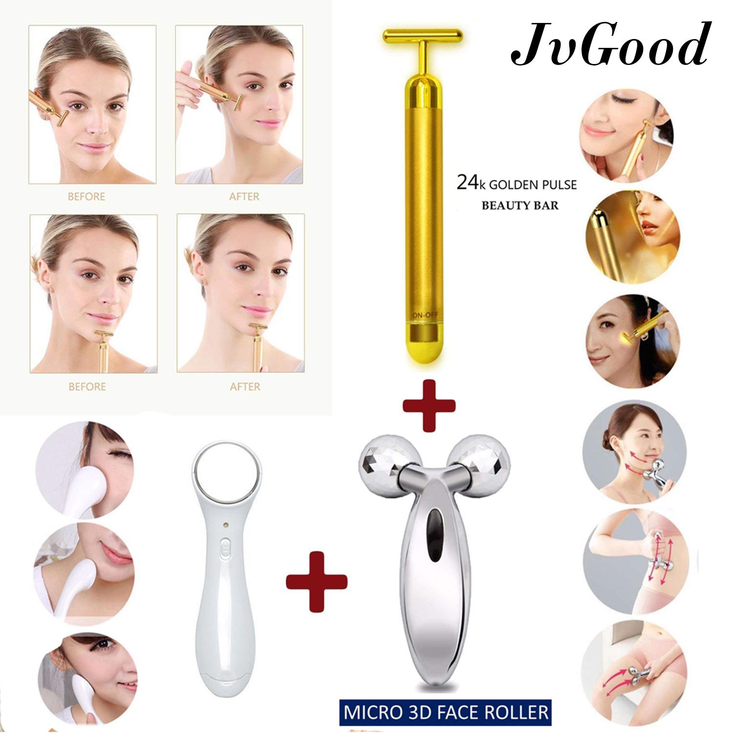 JvGood เครื่องนวดหน้าระบบไอออนนิค ขนาดพกพา Skin Care 3-in-1 Kit Face Lifting Slimming Face Massager Roller Face Roller Whitening Face Double Chin 3D Face Massager