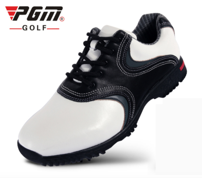 โปรโมชั่น 100 ชิ้น PGM Men's Leather Golf Shoes Spikes of Golf Waterproof shoes Exceed (WHITE-BLACK) XZ022