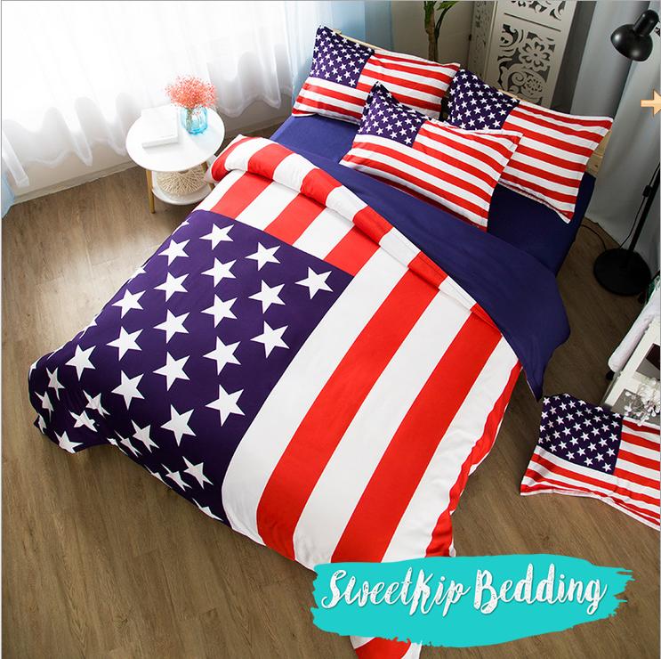 Sweet Kip Bedding ผ้าปูที่นอนขนาด 3.5ฟุต, 5ฟุต, 6ฟุต พร้อมผ้านวมขนาด 180 x 220 เซ็นติเมตร รวม 6 ชิ้น ลายธงชาติอเมริกา