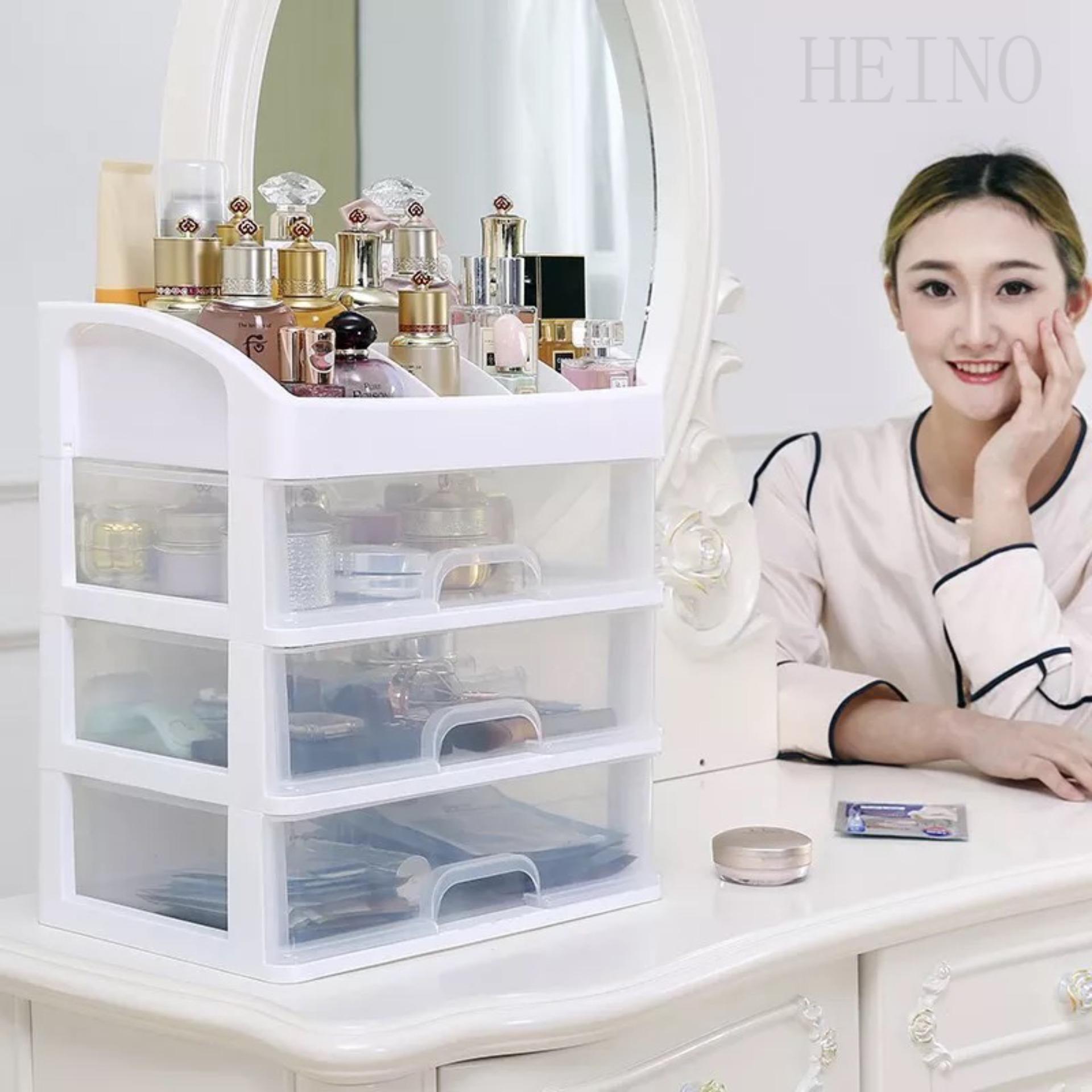 HEINOชั้นวางเครื่องสำอาง อุปกรณ์แต่งหน้า กล่องเก็บเอนกประสงค์แบบมีลิ้นชัก 3 ชั้น ไร้กลิ่นเเละเป็นมิตรกับสิ่งเเวดล้อม