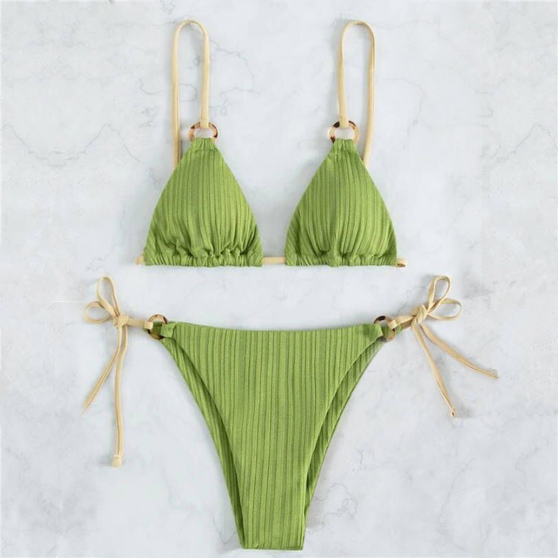 Sexy Bikini Set Cute White Plain Ring Linked Spaghetti Strap