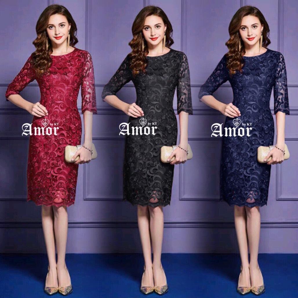 M-4XL // Amor ชุดเดรส Korea Designed ลูกไม้ลายใหม่ ปักถักทอสวยเงางาม เนื้อผ้าเกรด "Premium Quality"