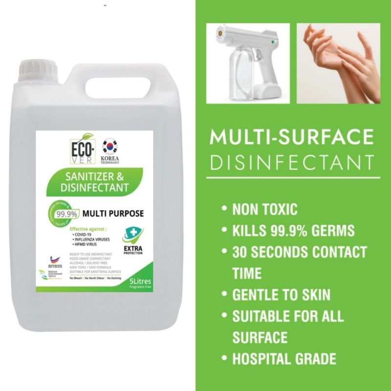 KKM APPROVED ECOVER 5L Disinfectant Liquid Nano Mist Sanitizer 5L