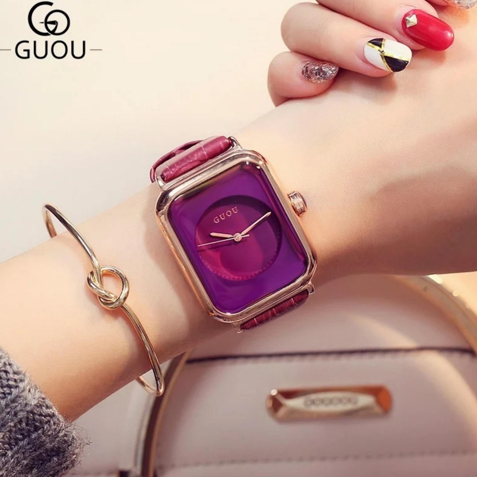 GUOU Watch Top Brand Fashion Women's Watches Genuine Leather Watch Women สินค้าพร้อมส่ง แถมฟรีกล่องและถุง (มีบริการเก็บเงินปลายทาง) R-037