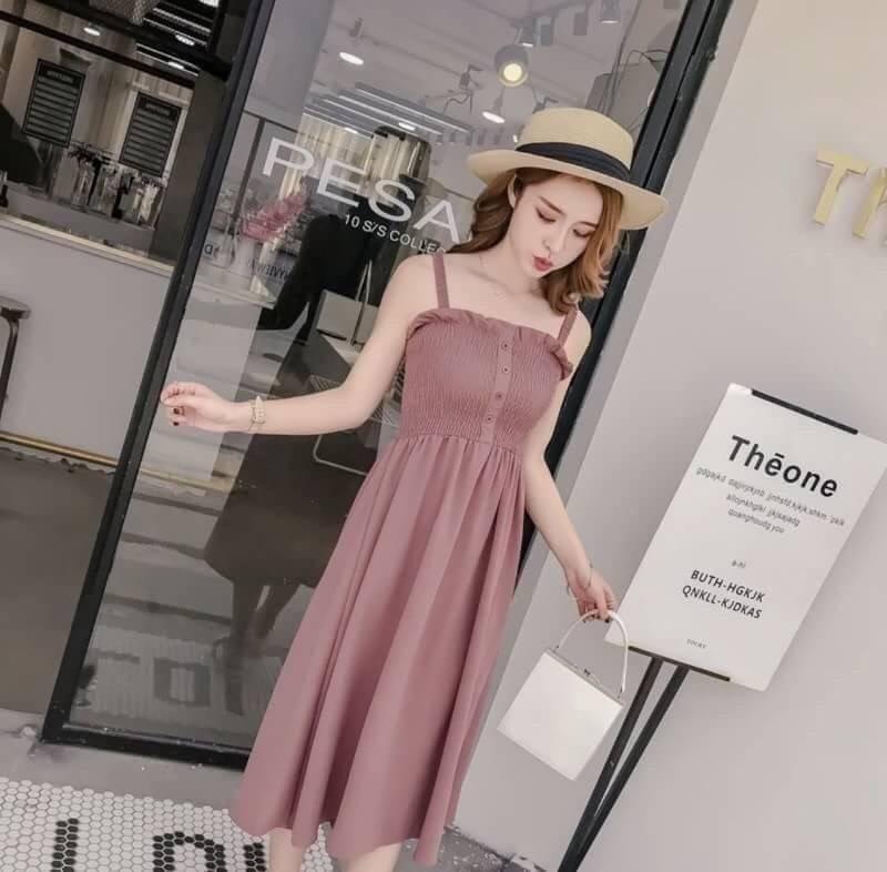 BAIFA SHOP NO.806 เดรสยาว กระโปร่ง แม็กซี่สายเดี่ยว กระดุมหน้า ผ้าโฟร์เวย์ทั้งชุด ทรงเก๋ สีโทนเรียบ ปล่อยระบาย กำลังดี เอวปล่อย สม็อค