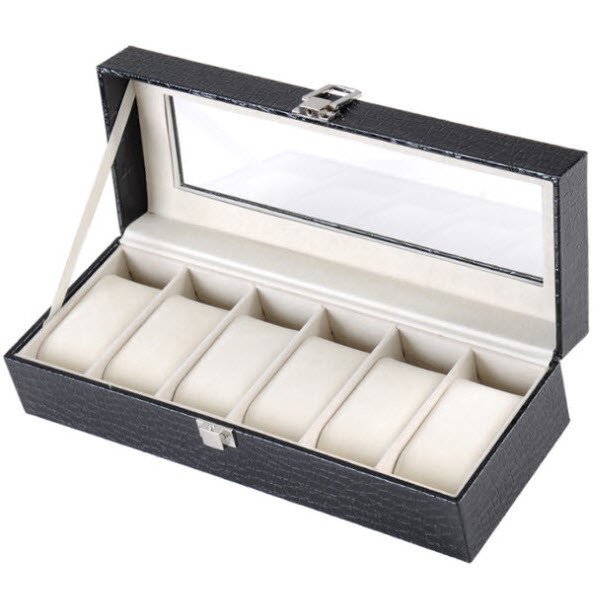 FancyBox ตู้นาฬิกาไม้บุหนังแก้ว ลายจระเข้สีม่วงเข้ม พกสะดวก ตัวล็อคแน่นหนา สำหรับบรรจุนาฬิกา 6 เรือน