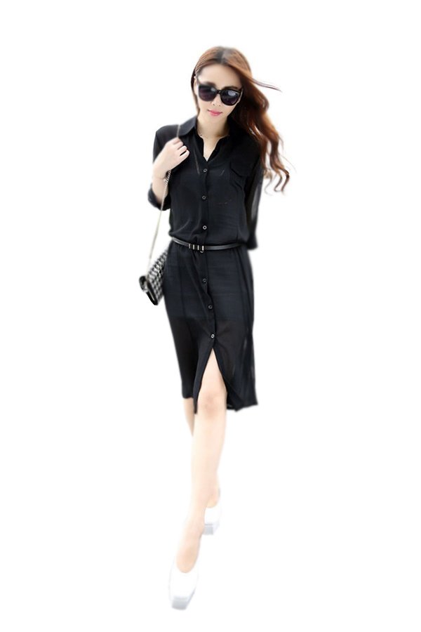 fashionstory เดรสเชิ้ต ผ้าชีฟอง (สีดำ)
