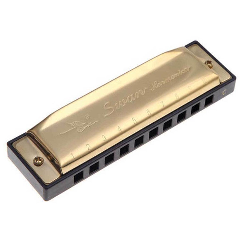 Swan Harmonica Holes Key Of C Golden With Case Blues Harp Metal