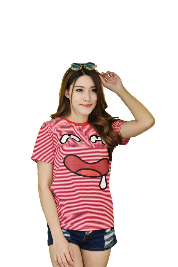 NOLOGO เสื้อยืด รุ่น การ์ตูนหน้าหื่น ลายริ้ว (สีแดง)