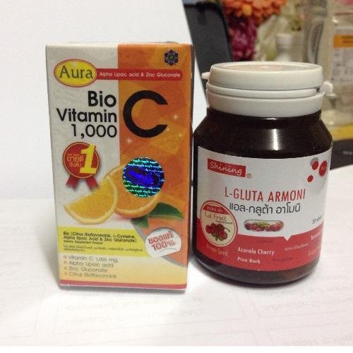 Shining L-Gluta Armoni แอล-กลูต้า อาโมนิ 30 เม็ด + Aura Bio Vitamin C 1,000 mg วิตามินซี 30 เม็ด (อย่างละ 1 ขวด) Shining L-Gluta Armoni แอล-กลูต้า อาโมนิ 30 เม็ด + Aura Bio Vitamin C 1,000 mg วิตามินซี 30 เม็ด (อย่างละ 1 ขวด)