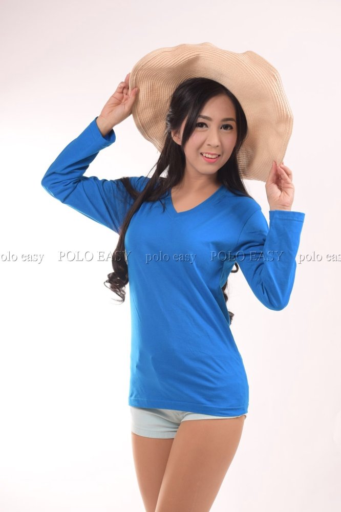 t-shirt export เสื้อยืดแฟชั่น T-Shirt คอวี แขนยาว (สีฟ้าทะเล)