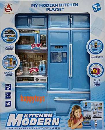 Happytoys ชุดห้องครัวบาร์บี้ + ตู้เย็น มีเสียงเละไฟ My Modern Kitchen สีฟ้า