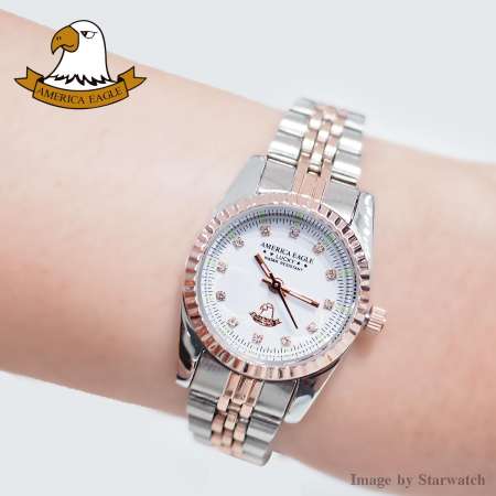 AMERICA EAGLE Watch นาฬิกาข้อมือผู้หญิง กันน้ำ สายสแตนเลส รุ่น AE8001L - PinkGoldSilver / White