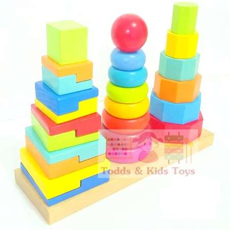 Todds  Kids Toys ของเล่นเสริมพัฒนาการ ของเล่นไม้ สวมหลักสายรุ้ง 3 เเถว