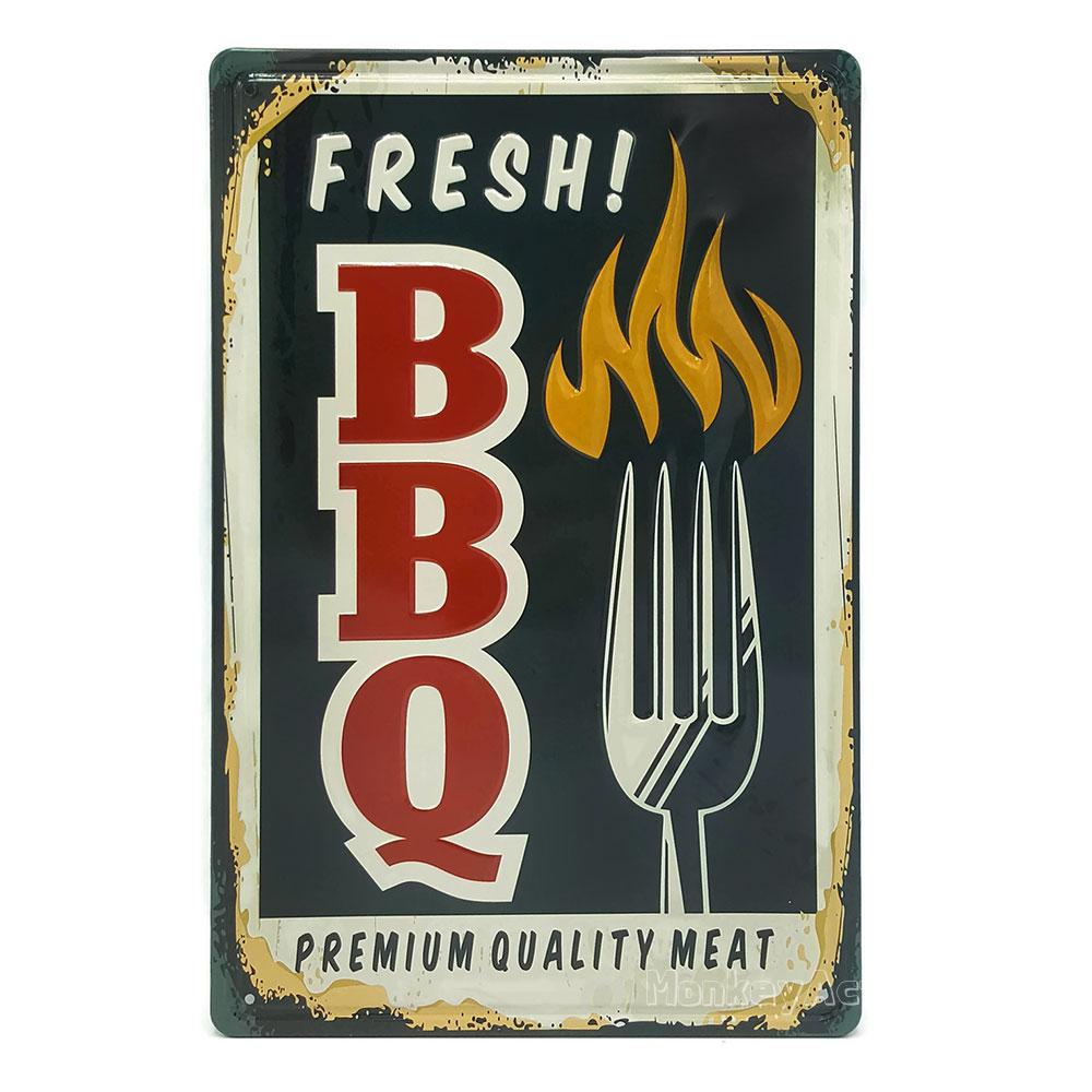 ป้ายสังกะสีวินเทจ Fresh BBQ, Premium Quality Meat (ปั๊มนูน)