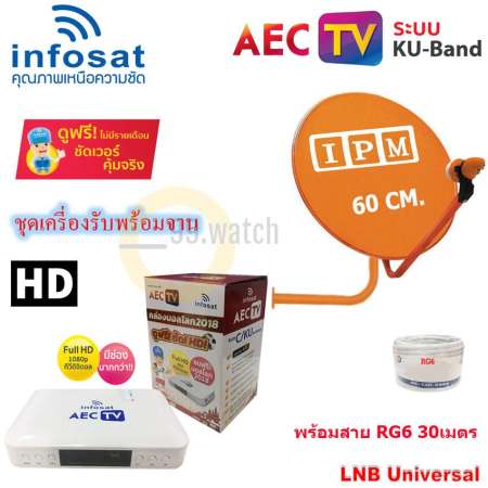 INFOSAT เครื่องรับสัญญาณดาวเทียม รุ่น AEC TV กล่องบอลโลก 2018 พร้อม IPM Ku-Band ชุดจานดาวเทียมไอพีเอ็ม 60 cm.พร้อมสาย 30 เมตร