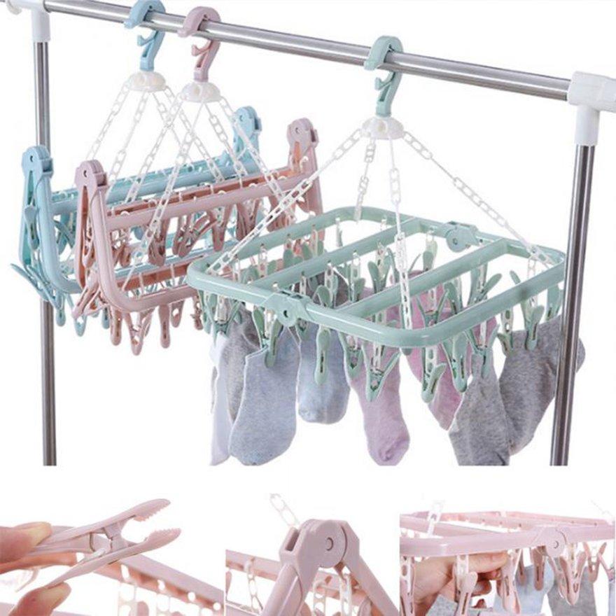 OBBB Plastic Space Saving Closet Organizer Folding Clothes Hanger Towels Socks Bras Underwear Drying Rack With 32 Clips