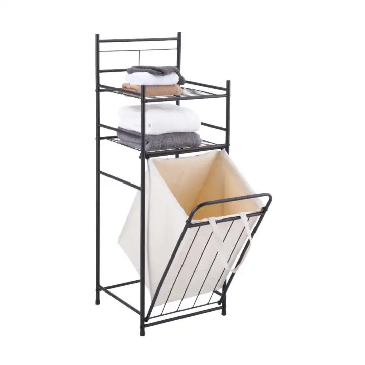 INDEX LIVING MALL MOREA 2 TIERS BATH SHELF + HAMPER - BLACK