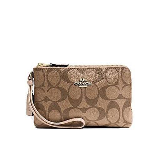 COACH กระเป๋าคล้องมือ DOUBLE CORNER ZIP WALLET IN SIGNATURE COATED CANVAS F87591 IMCA9 (Khaki/Platinum)