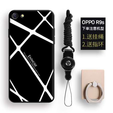 EnwoIf เรียบง่าย oppor9s เคสมือถือ BLACKWHITE เรขาคณิตสำหรับชายและหญิงกันกระแทก R9sPlus ซิลิโคนเคสยางเชือกแขวน