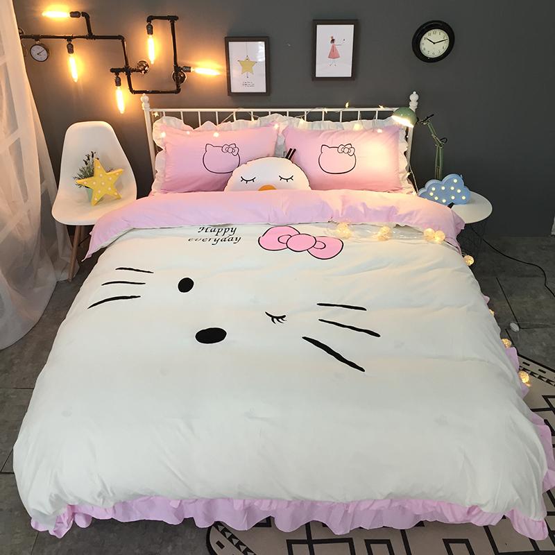 Thêu Hoa Hoạt Hình Hello Kitty Bộ Bốn Chiếc Bông Mềm Hello Kitty Giường Công Chúa Váy/Đơn 1.8m Trẻ Em Trên Giường Cung Cấp