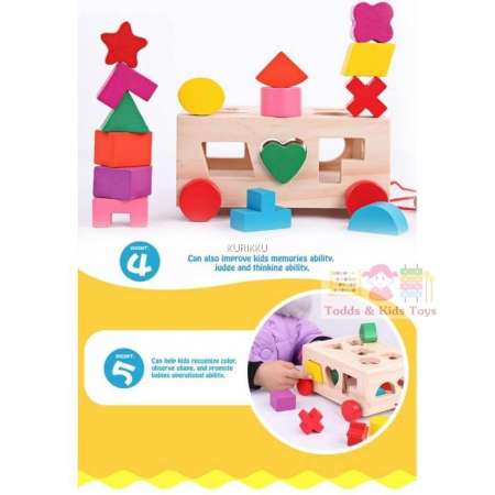 Todds Kids Toys ของเล่นของเล่นไม้ชุดรถลาก กล่องบล็อกหยอด 15 รูปทรง