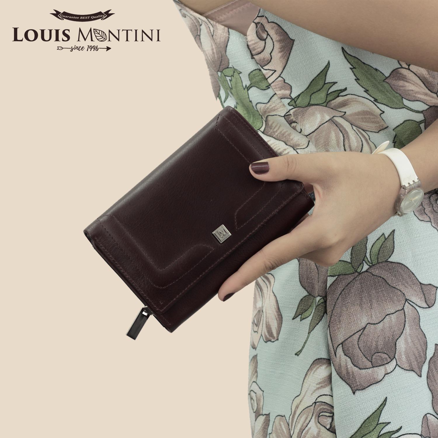 Louis Montini (The Peach) กระเป๋าสตางค์ผู้หญิง หนังแท้ หนังวัวแท้ ใบเล็ก พับสั้น กระเป๋าตังค์ใบสั้น WL26-01 -น้ำตาล
