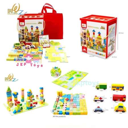JKP Toys ของเล่นไม้ เสริมพัฒนาการ  บล็อกไม้สร้างเมือง 100 ชิ้น พร้อมผังเมือง กล่องสีเหลี่ยม