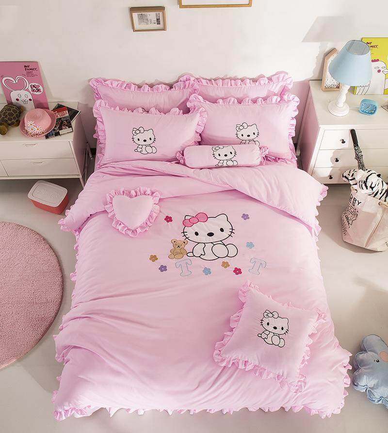 Thêu Hoa Hoạt Hình Hello Kitty Bộ Bốn Chiếc Bông Mềm Hello Kitty Giường Công Chúa Váy/Đơn 1.8m Trẻ Em Trên Giường Cung Cấp