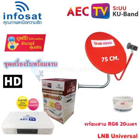 INFOSAT เครื่องรับสัญญาณดาวเทียม รุ่น AEC TV กล่องบอลโลก 2018 พร้อม True ชุดจานดาวเทียมทรู Ku-Band 75 Cm. + LNB universal พร้อมสาย 20 เมตร