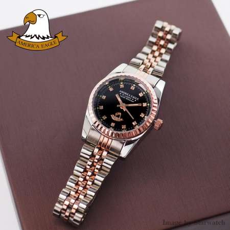 AMERICA EAGLE Watch นาฬิกาข้อมือผู้หญิง กันน้ำ สายสแตนเลส รุ่น AE8001L - PinkGoldSilver / Black