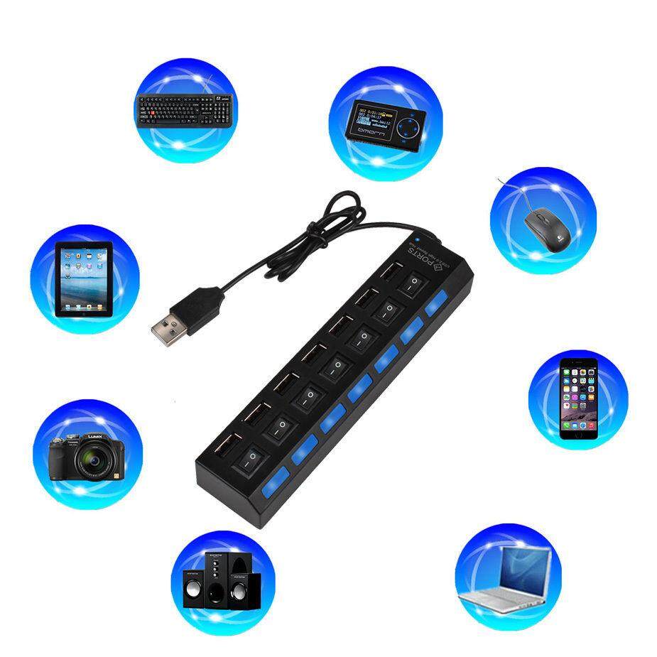 7 Port USB 2.0 Power Hub High Speed Separated ON/OFF Switch Laptop PC