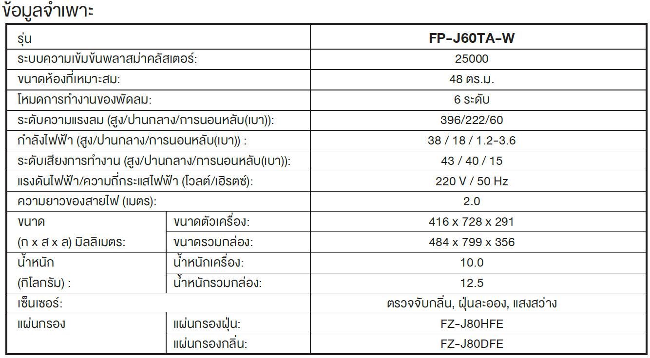 เครื่องฟอกอากาศ SHARP FP-J60TA-W