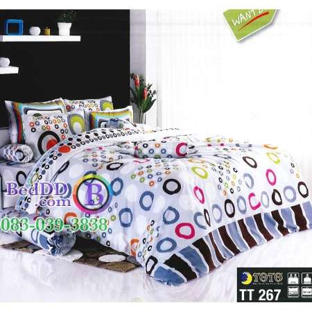 TOTO ชุดเครื่องนอน เฉพาะผ้าปูที่นอน 5 ฟุต ลายวงกลมโดนัทคละสี พื้นสีขาว TT267