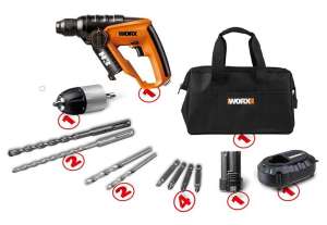 ดูภาพ WORX WX382.1 สว่านไร้สาย โรตารี่ ชุดกระเป๋าผ้าใบ แบต 1 ก้อน เจาะปูน เหล็ก ไม้ แถมชุดจับ ดอกไขควง เพิ่มเติม WORX WX382.1 สว่านไร้สาย โรตารี่ ชุดกระเป๋าผ้าใบ แบต 1 ก้อน เจาะปูน เหล็ก ไม้ แถมชุดจับ ดอกไขควง