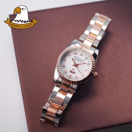 AMERICA EAGLE Watch นาฬิกาข้อมือผู้หญิง กันน้ำ สายสแตนเลส รุ่น AE8002L - PinkGoldSilver / White