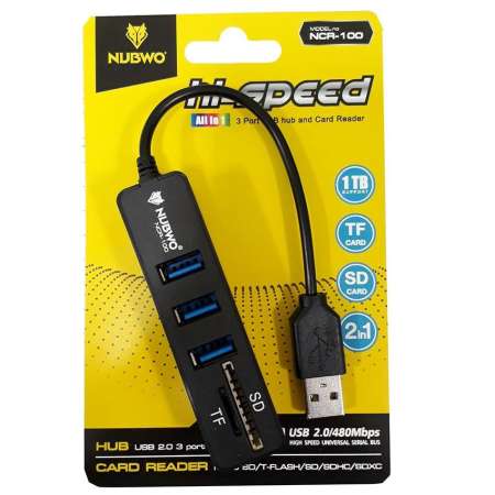 Nubwo ตัวเพิ่มช่อง ยูเอสบี พร้อม ตัวอ่านการ์ด USB HUB 3 Port +Card Reader 2.0 2 in1 รุ่น NCR-100 (สีดำ/Black)