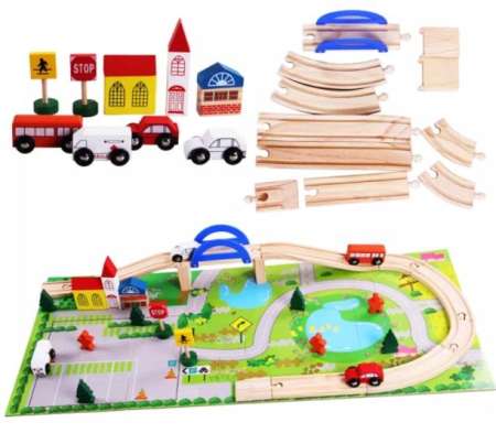 Todds Kids Toys ของเล่นเสริมพัฒนาการ บล็อกไม้ชุดสร้างเมือง Rail Overpass เมืองจำลอง 