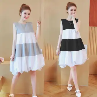 2019 Pakaian Wanita Hamil Pakaian Musim Panas Motif Garis Modis Gaya Korea Tanpa Lengan Rok Flared Dress Tanpa Lengan Model Setengah Panjang Terlihat