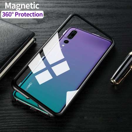 HOT Magnetic Adsorption Case For Huawei P20 Pro Case 9H Tempered Glass + Built-in Magnet Case Metal Ultra Cover  - นานาชาติ